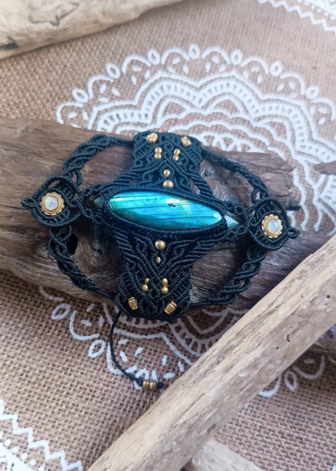 bracelet, manchette, macramé, labradorite, bijou femme