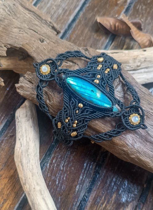 bracelet, manchette, macramé, labradorite, bijou femme