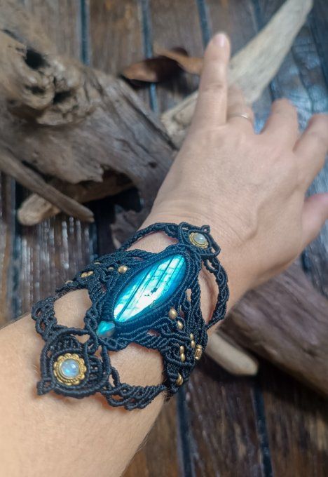 bracelet, manchette, macramé, labradorite, bijou femme