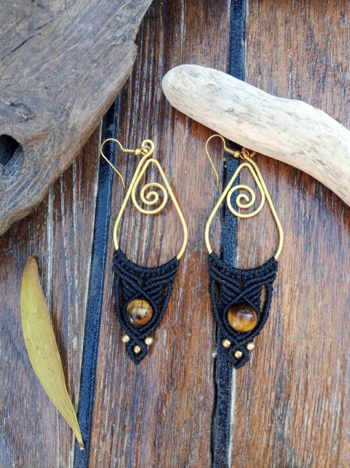 boucles d'oreille macramé, noir et oeil de tigre