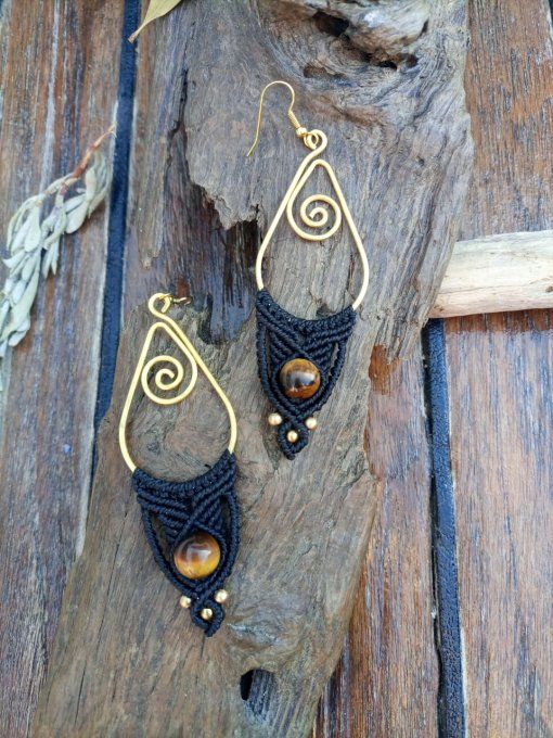 boucles d'oreille macramé, noir et oeil de tigre