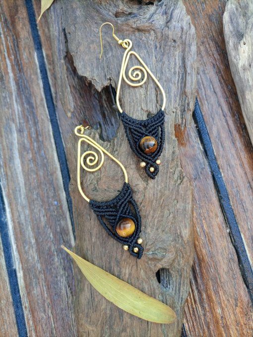 boucles d'oreille macramé, noir et oeil de tigre