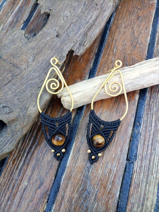 boucles d'oreille macramé, noir et oeil de tigre