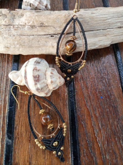 Boucle d'oreille, macramé œil de tigre