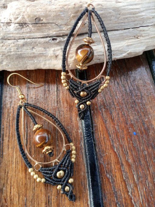 Boucle d'oreille, macramé œil de tigre