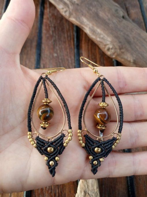 Boucle d'oreille, macramé œil de tigre