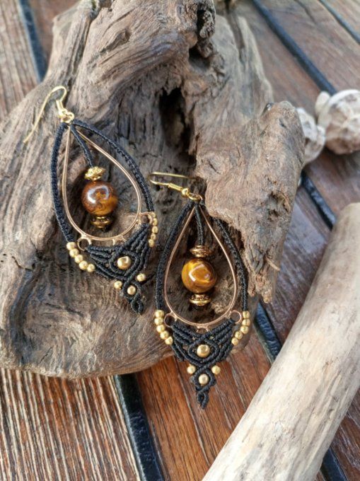 Boucle d'oreille, macramé œil de tigre