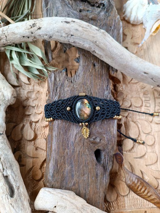 Bracelet, macramé, labradorite, noir, doré bracelet femme