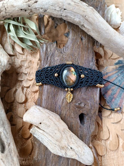 Bracelet, macramé, labradorite, noir, doré bracelet femme