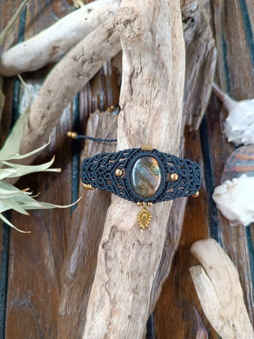 Bracelet, macramé, labradorite, noir, doré bracelet femme