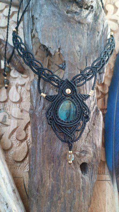 Collier, macramé, labradorite, noir