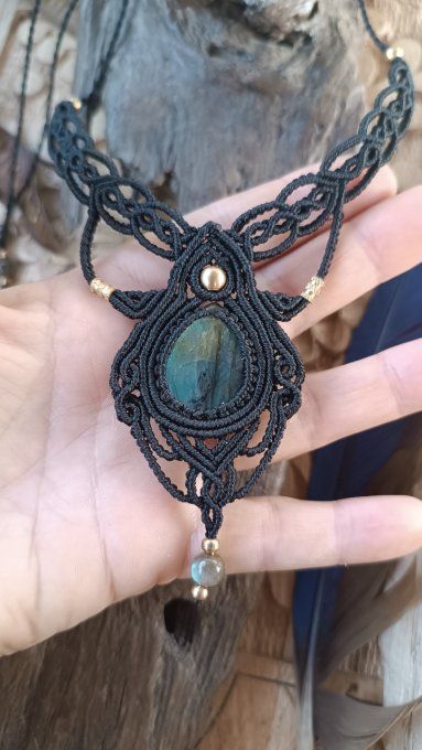 Collier, macramé, labradorite, noir