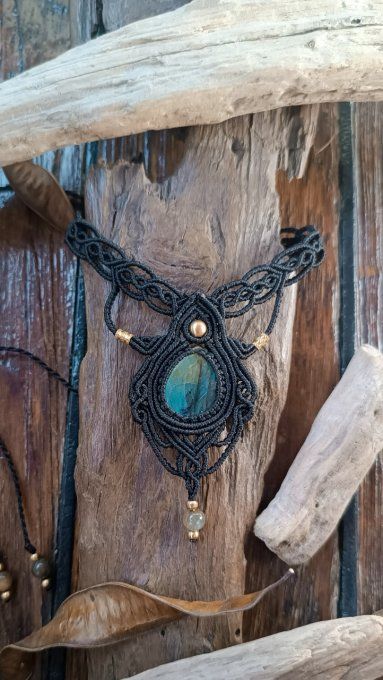 Collier, macramé, labradorite, noir