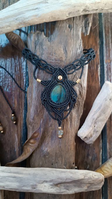 Collier, macramé, labradorite, noir