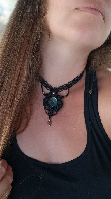 Collier, macramé, labradorite, noir