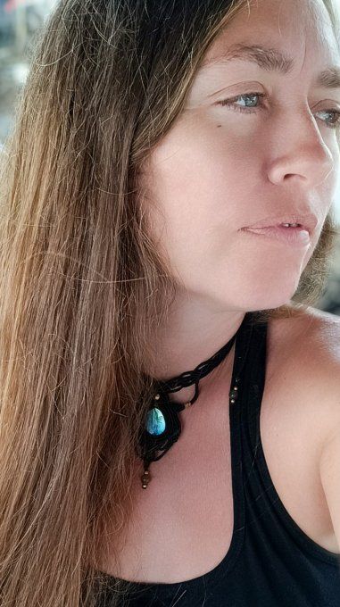 Collier, macramé, labradorite, noir